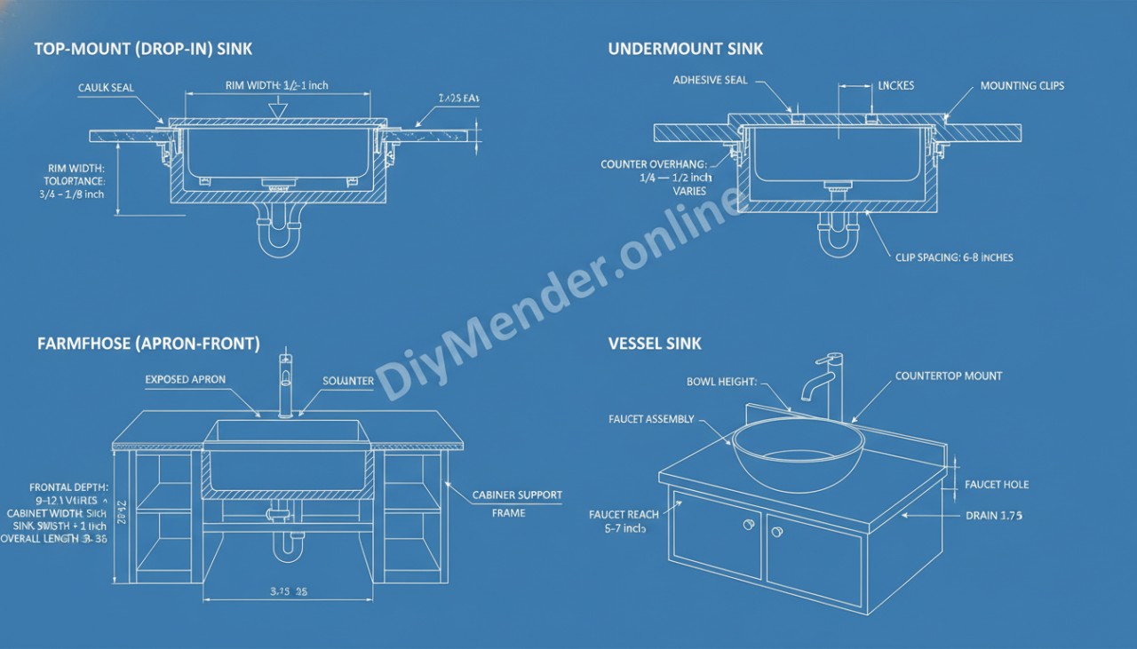 A diagram showing different sink types and their installation method, with clear labels and measurements, watermark: DiyMender.online