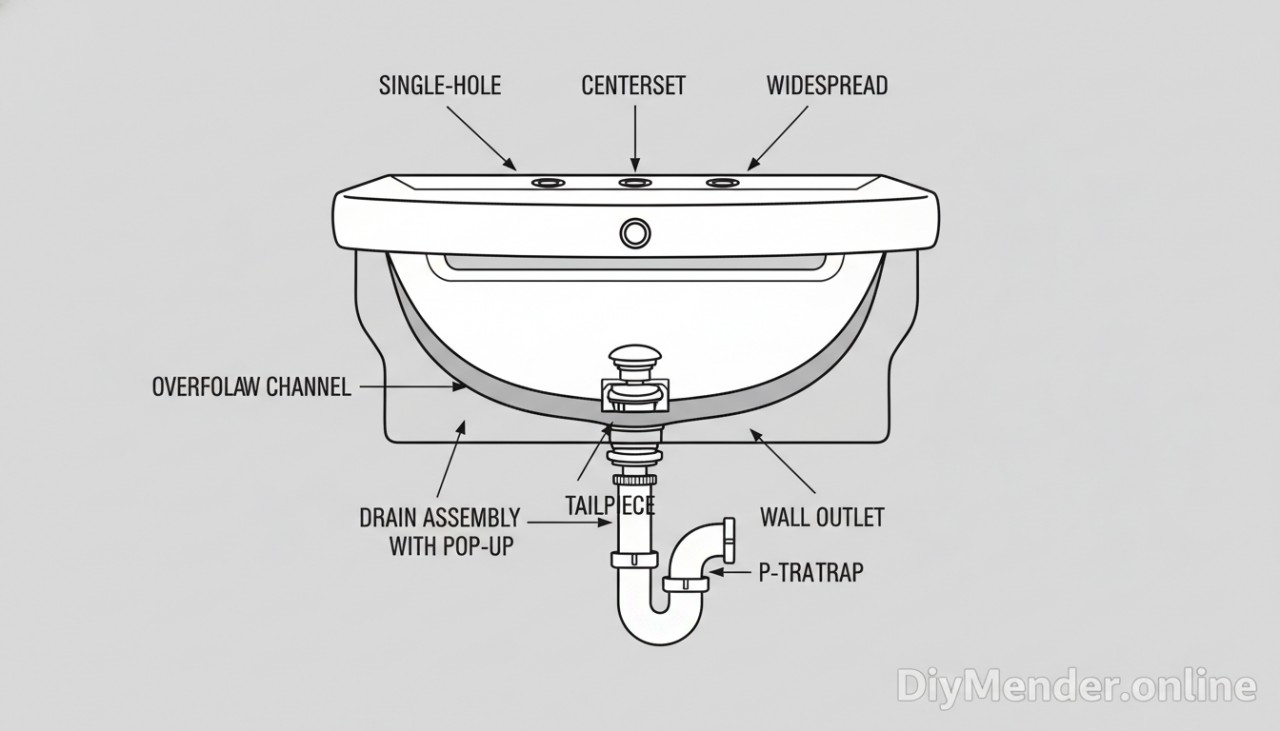 A labeled cutaway diagram of a bathroom basin sink showing faucet holes (single/centerset/widespread), overflow channel, drain assembly with pop-up, tailpiece, P-trap, wall outlet, and mounting points, with simple callouts and arrows; neutral background; clean lines; clear “DiyMender.online” watermark