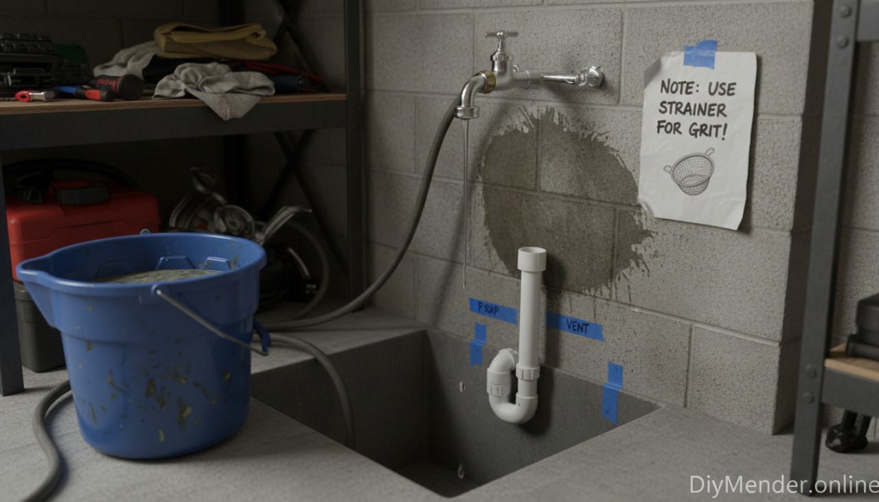 A realistic garage scene: a deep, floor-mounted service (mop) sink with a hose-thread faucet and vacuum breaker, a bucket on the floor, 2-inch P-trap and vent labeled, splash zone shown on wall, and a note to use a strainer for grit. Include DiyMender.online watermark.
