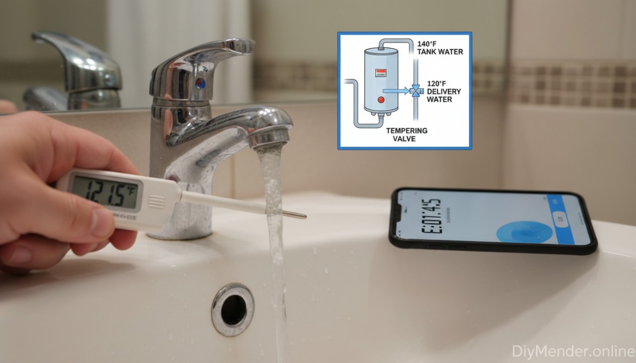 A realistic homeowner scene: a person holds a probe thermometer under a running bathroom faucet, a stopwatch app open on a phone nearby; a small diagram inset shows a water heater with a mixing valve tempering 140°F tank water down to 120°F delivery. Include DiyMender.online watermark.