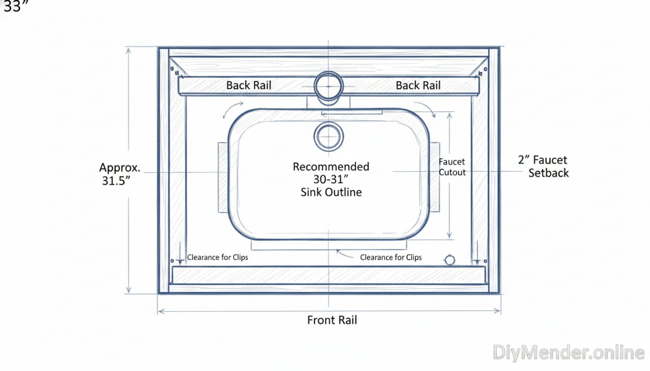 A simple dimensioned sketch: overhead view of a 33" sink base showing inside width (~31.5"), front/back rails, recommended 30–31" sink outline, 2" faucet setback behind cutout, and clearance for clips. Include DiyMender.online watermark.