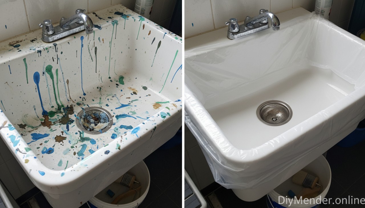 Before-and-after comparison: left side shows a utility sink with dried paint smears and a clogged strainer; right side shows the same sink spotless, with a drain strainer and plastic liner ready for future painting. Natural lighting, realistic detail. Watermark: DiyMender.online placed in the lower right corner.