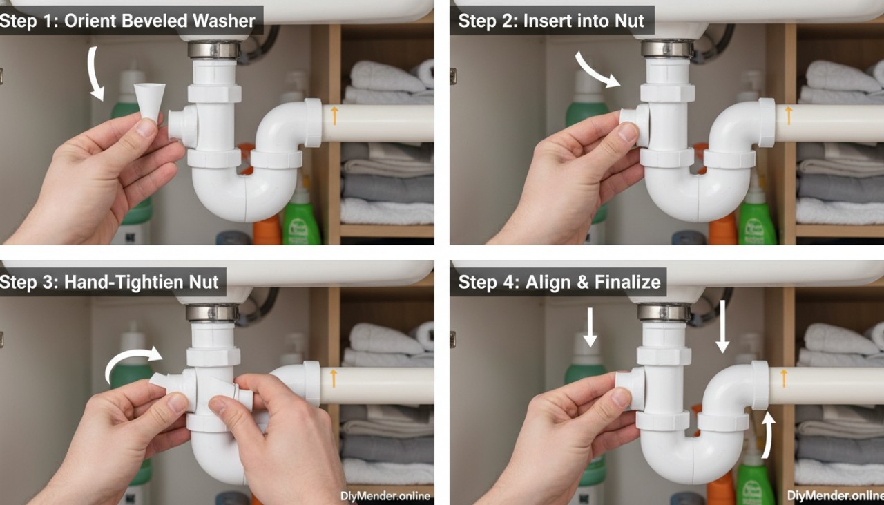 Close-up step-by-step view of assembling a P-trap: correct orientation of beveled washer, hand-tightening slip-joint nut, alignment to trap arm; clear labels and arrows; tidy cabinet background; “DiyMender.online” watermark