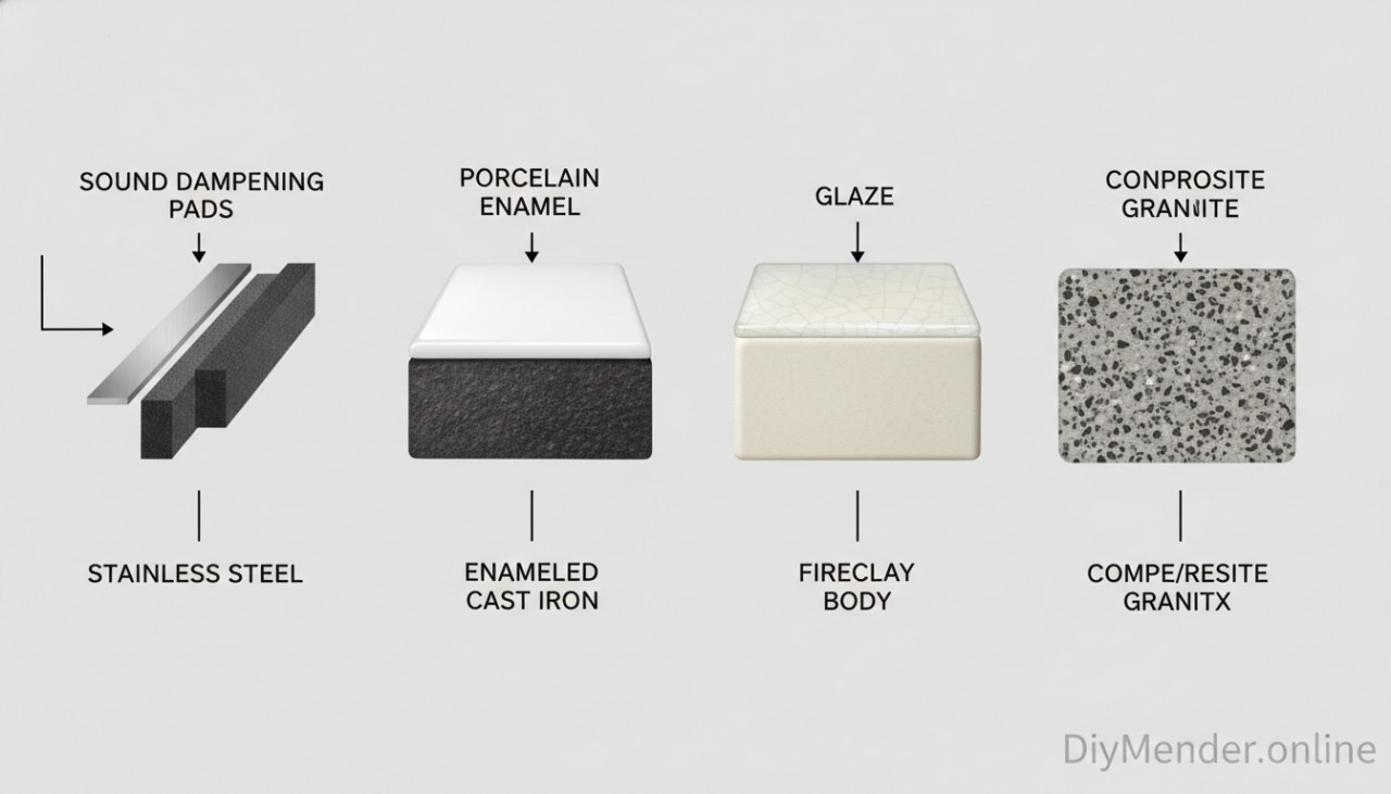 Cutaway diagram showing common kitchen sink materials side-by-side—stainless with sound pads, enameled cast iron with porcelain layer, fireclay body with glaze, composite granite with stone/resin matrix—each labeled; simple arrows and callouts; neutral background; clear "DiyMender.online" watermark in the lower right