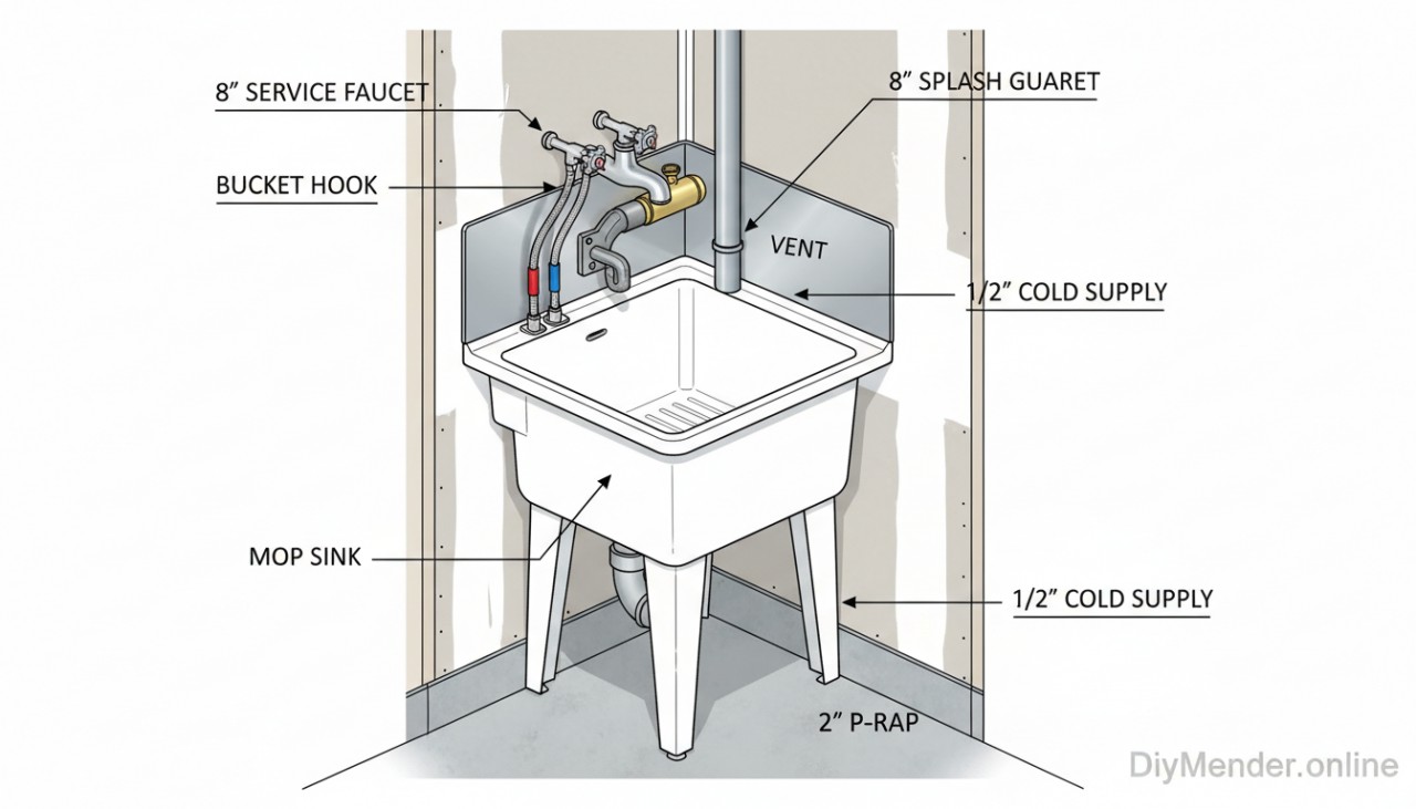 Cutaway of a garage corner: floor-mounted mop sink with an 8" wall-mount service faucet, vacuum breaker, bucket hook, 2" P-trap and vent, 1/2" hot/cold supplies, splash guards. Labeled arrows. DiyMender.online watermark.