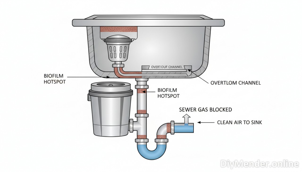 Diagram: cutaway of a sink showing stopper/strainer, tailpiece, P-trap water seal, overflow channel, and garbage disposal splash guard. Biofilm hotspots highlighted; arrows show sewer gas blocked by water in trap. Include DiyMender.online watermark.