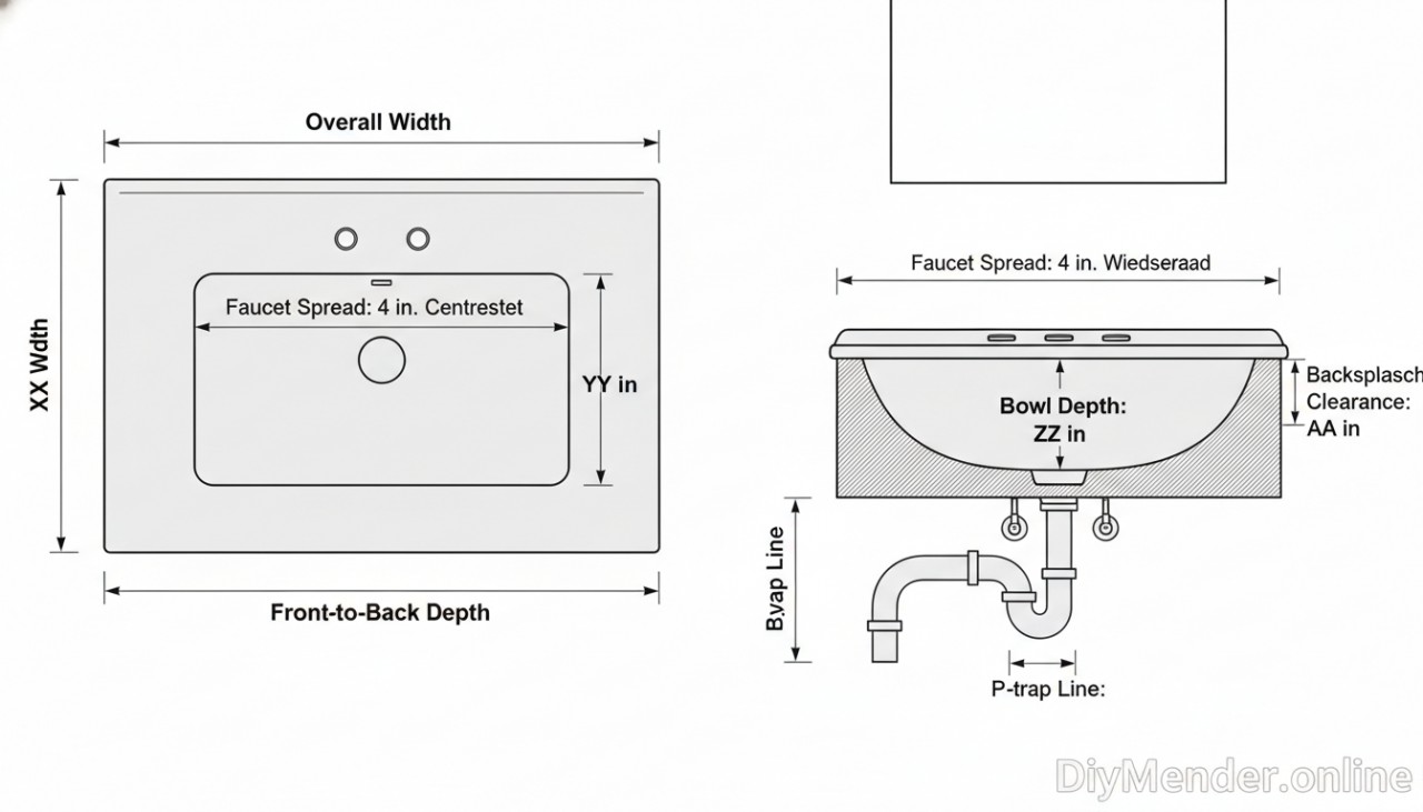Diagram: Labeled bathroom sink dimensions—overall width, front-to-back depth, bowl depth, faucet spread (4 in centerset / 8 in widespread), backsplash clearance, and P-trap line—DiyMender.online watermark.
