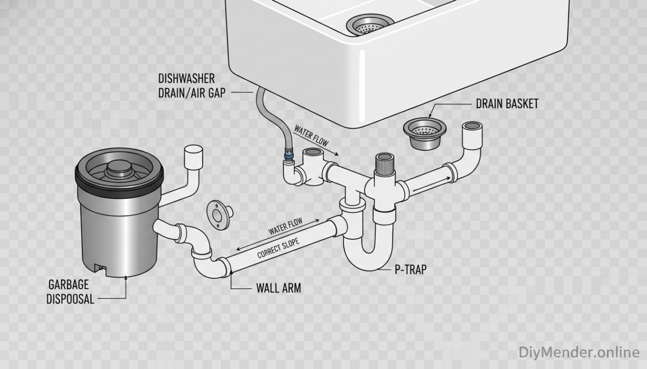 Exploded view illustration of sink plumbing under a farmhouse sink: drain basket, tailpiece, tee to dishwasher/air gap, P-trap, wall arm, disposal on one side. Arrows showing flow and correct slopes. Clear labels, clean background, with a small “DiyMender.online” watermark