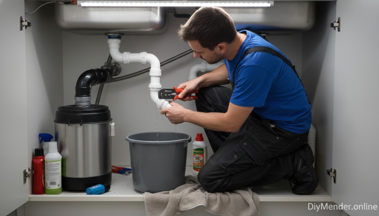 Homeowner kneeling under a kitchen sink with a bucket and channel-lock pliers, removing a plastic P-trap; clear view of double-bowl sink, garbage disposal, and trap arm; water droplets visible; bright, practical lighting and a small "DiyMender.online" watermark in the lower corner