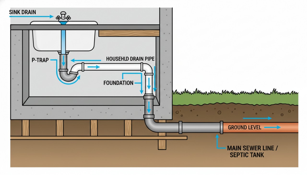 Illustration showing the flow of sink water from the sink, through household pipes, to the main sewer line or septic tank.