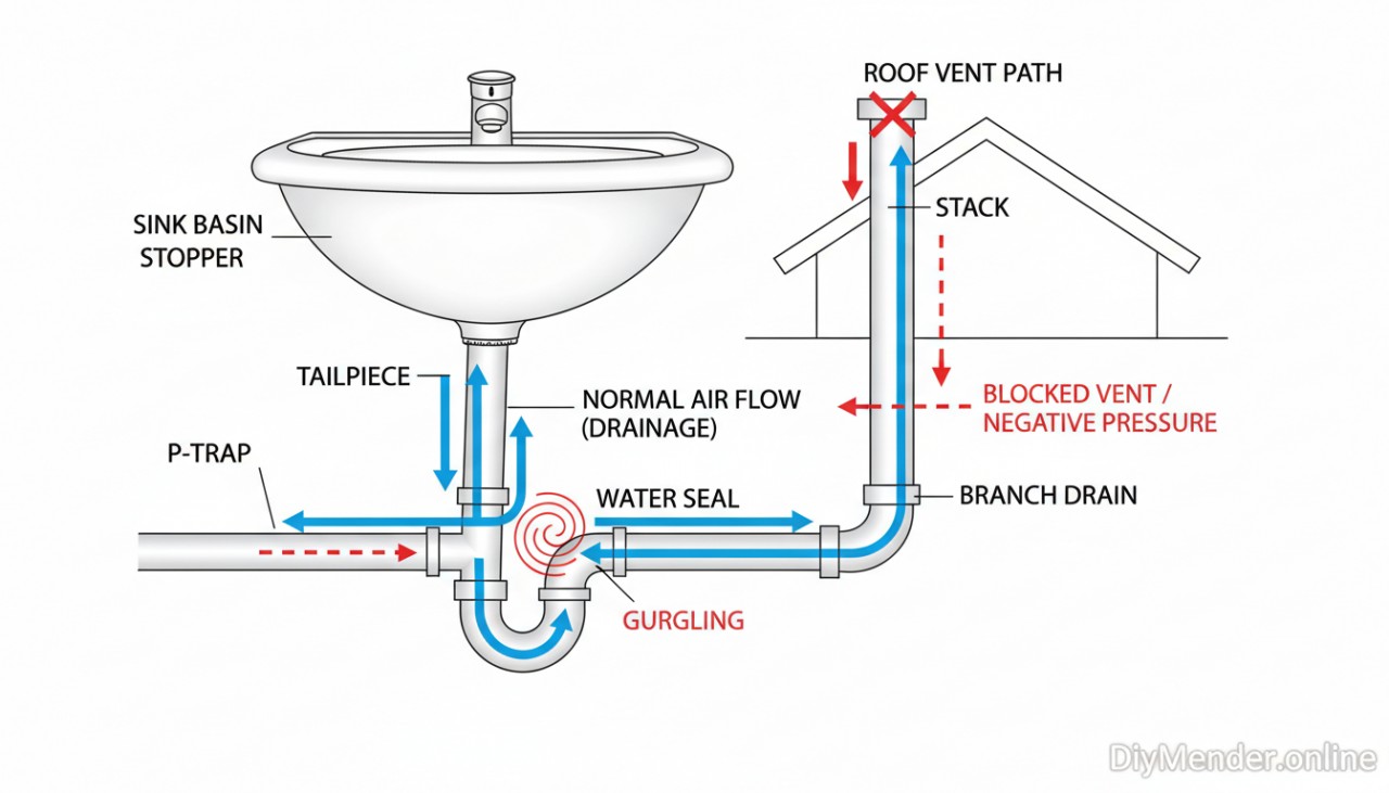 Labeled cutaway diagram of a sink drain showing the sink basin, stopper, tailpiece, P-trap water seal, branch drain, and roof vent path; arrows indicating normal air flow during drainage vs. blocked vent causing negative pressure and gurgling; clean, readable labels and a small “DiyMender.online” watermark