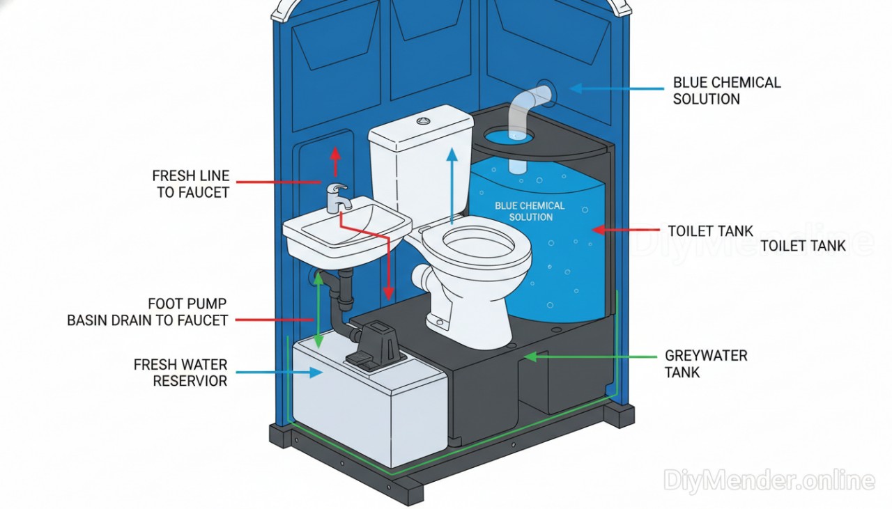 Labeled cutaway diagram of a standard porta potty with foot-pump sink: fresh water reservoir, foot pump line to faucet, basin drain to greywater tank, separate toilet tank with blue chemical solution; clear arrows for flow; simple color coding; "DiyMender.online" watermark