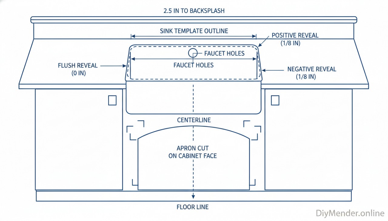 Labeled overhead diagram of a countertop and base cabinet showing: sink template outline, apron cut on cabinet face, distances to backsplash and faucet holes, reveal types (flush/positive/negative) with 1/8 in annotations, square references from stiles, and centerline marks; clean, readable lines; DiyMender.online watermark