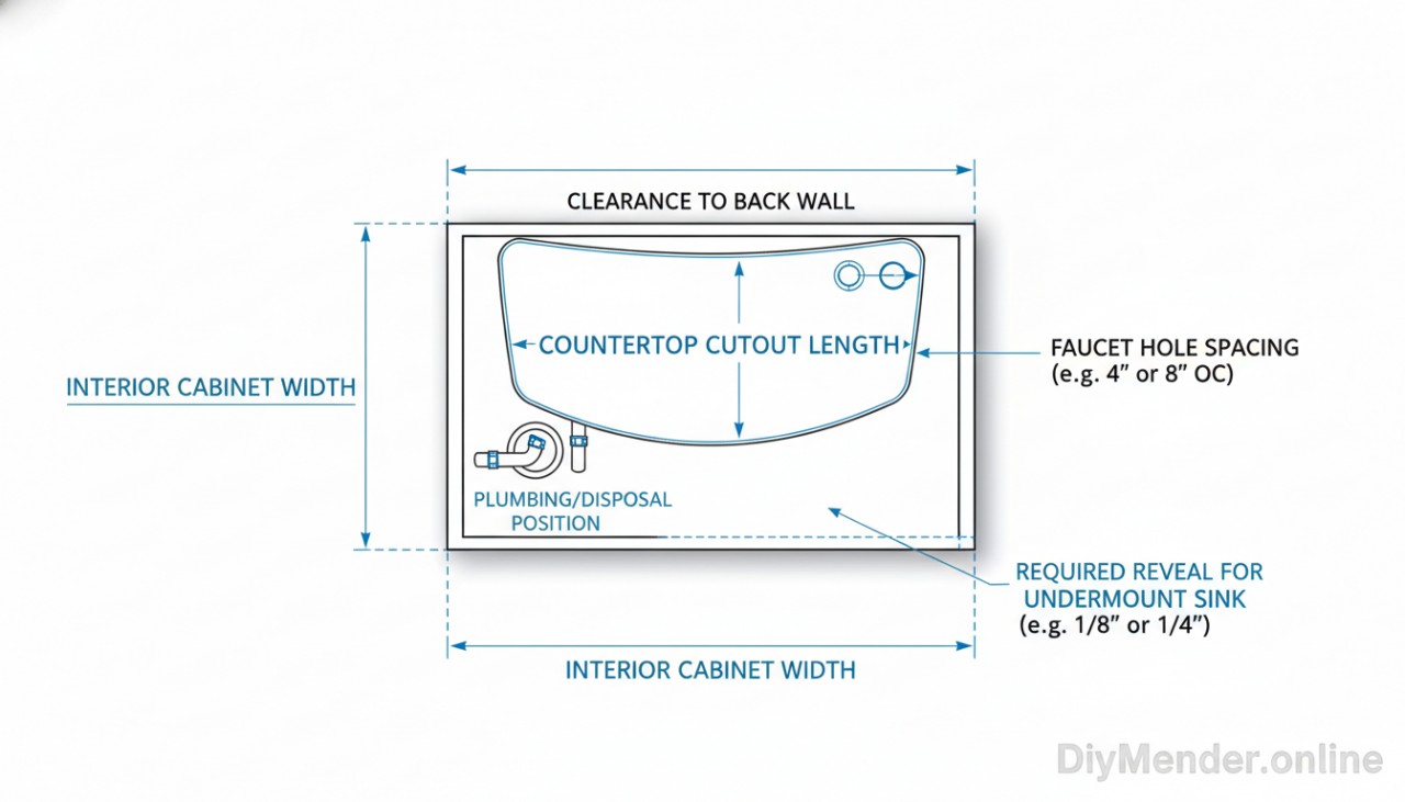 Overhead diagram of a kitchen sink base cabinet with labeled measurements: interior cabinet width, front-to-back depth, clearance to back wall, countertop cutout length and width, and plumbing/disposal position. Include notes for faucet hole spacing and required reveal for undermount. Bright, clean line drawing with callouts, watermark "DiyMender.online" in the lower-right.