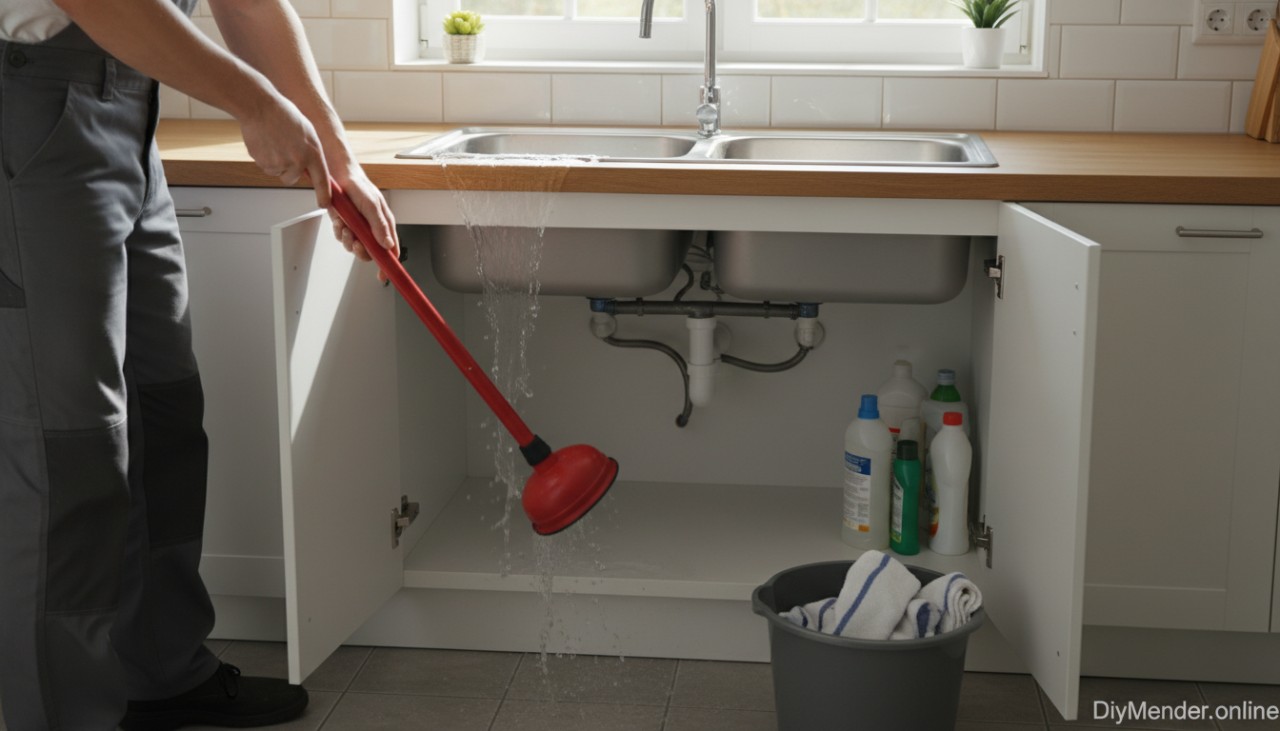 Photo-style scene of a homeowner plunging a double-bowl <a href=