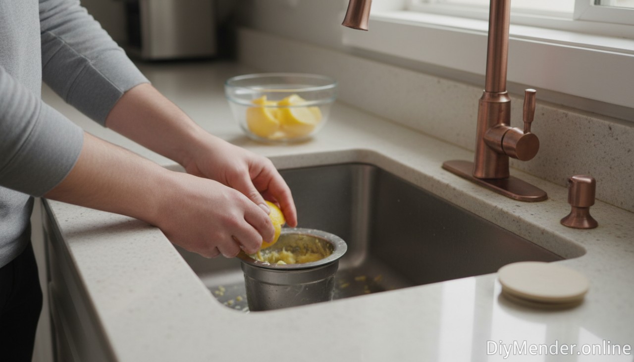 Real-life photo of a homeowner grinding lemon peels in a garbage disposal, showing the process of adding a citrus scent. DiyMender.online watermark included.