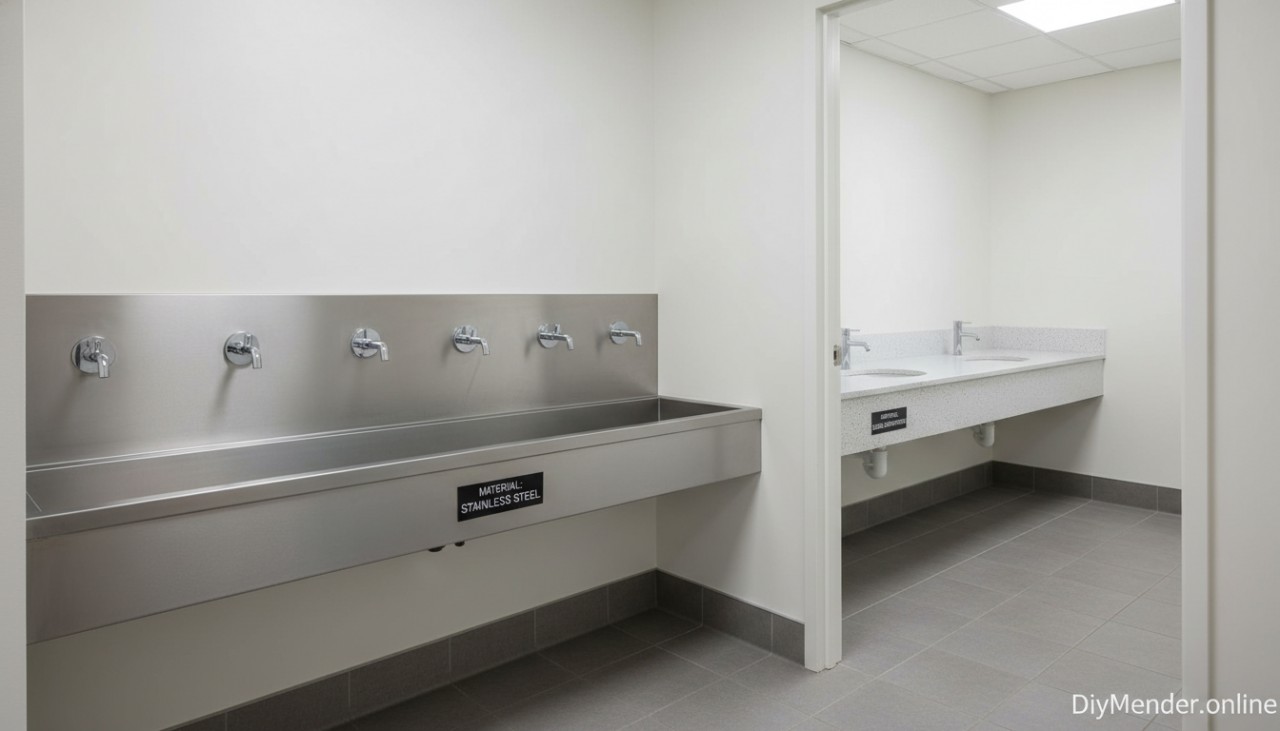 Realistic school restroom scene showing a stainless steel trough sink with sensor faucets and a solid surface counter with integrated bowls in an adjacent corridor restroom; clear labels of materials; clean lighting; subtle "DiyMender.online" watermark