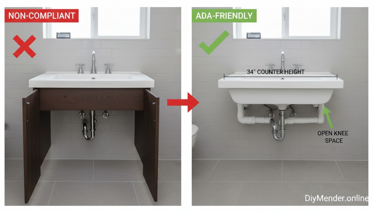Side-by-side photo comparison: left image shows a non-compliant vanity with doors blocking knee space, round faucet knobs, exposed metal trap; right image shows an ADA-friendly setup with open knee space, insulated pipes, single-lever faucet, and 34" counter height. Clear labels and arrows calling out fixes. Clean residential bathroom, watermark: DiyMender.online near the lower right.