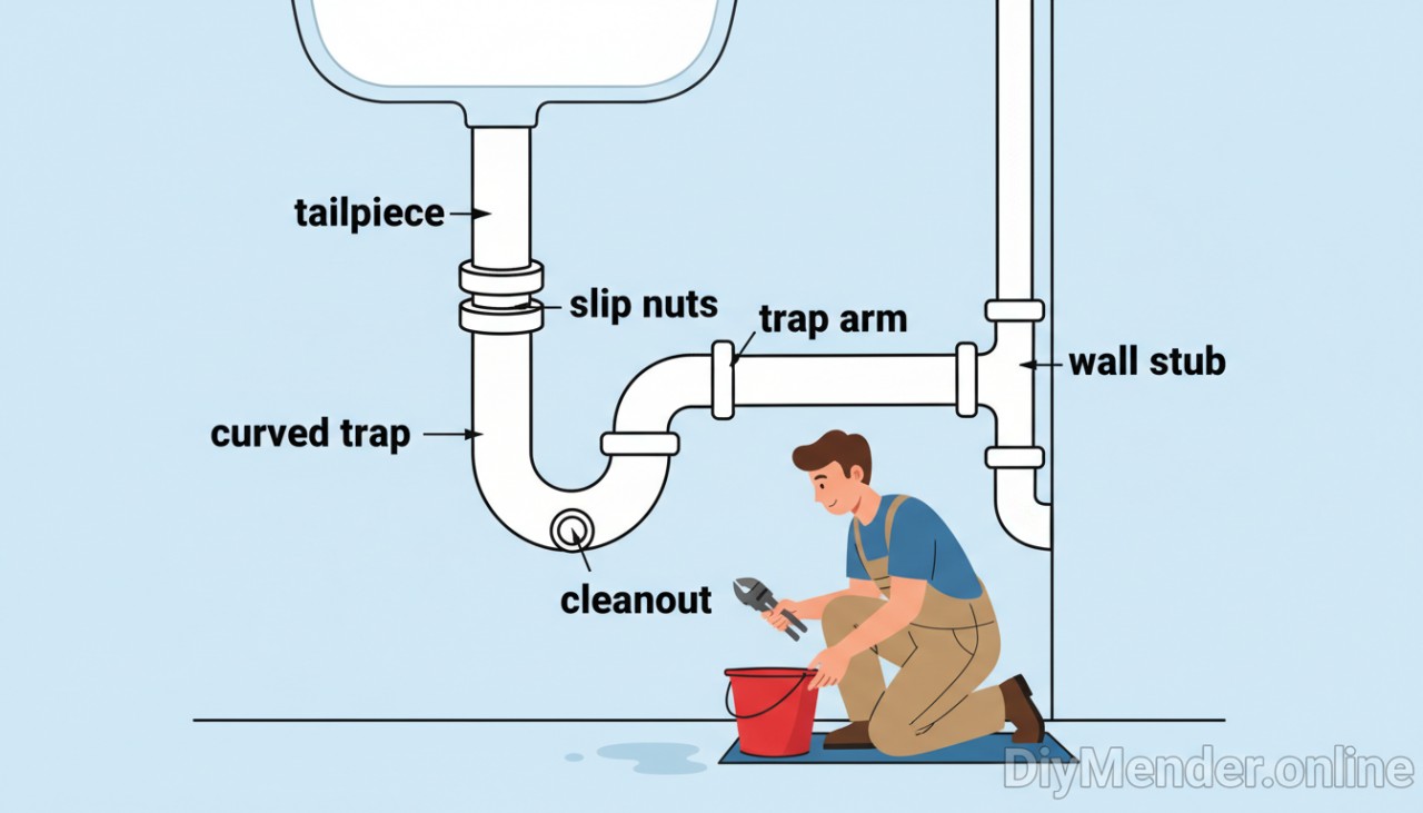 Simple diagram of a sink P-trap assembly with labels: tailpiece, slip nuts, curved trap, cleanout, trap arm, wall stub. A homeowner kneels with a bucket and pliers. Subtle DiyMender.online watermark in a corner.