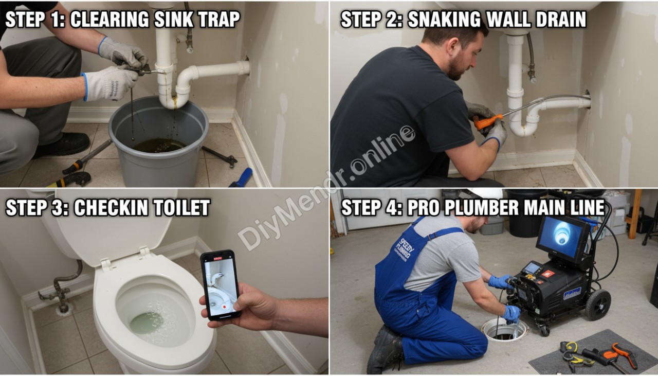 Step-by-step homeowner scenario collage: removing a sink P-trap over a bucket, using a small hand auger into the wall, checking a nearby toilet for bubbling, and a plumber using a camera on a main cleanout; clear labels for each step and a visible “DiyMender.online” watermark