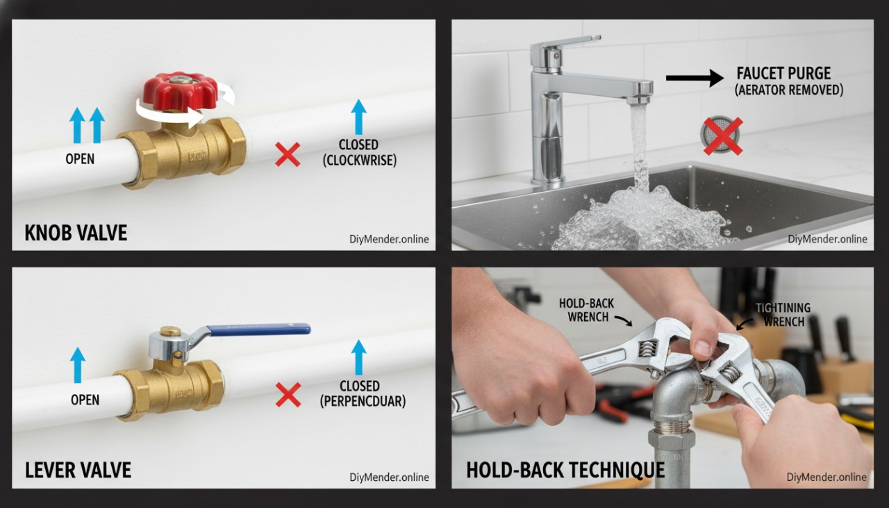Step-by-step visual: sequence showing knob valve open vs closed (clockwise), lever valve orientation open vs closed, faucet purge step with aerator removed, and a hand using two wrenches in hold-back technique; simple labels and arrows; crisp, realistic details; “DiyMender.online” watermark
