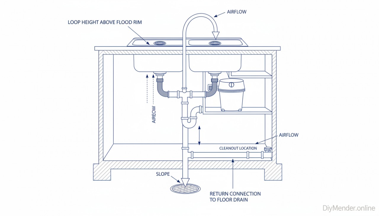 Under-island cabinet cutaway drawing showing a double-bowl sink, disposal, P-trap, and a high loop vent configuration. Label the loop height above flood rim, return connection to the floor drain, cleanout location, and slope. Include arrows for airflow and a small “DiyMender.online” watermark.